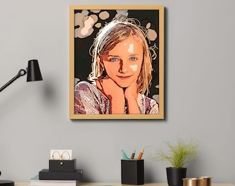 Retrato personalizado en estilo de dibujos animados, arte de pared colorido personalizado, regalo de impresión de arte pop único, obra de arte a medida a partir de una foto.