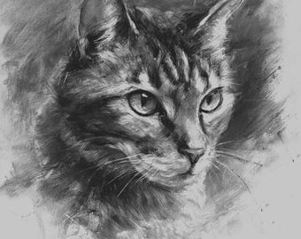 Retrato de gato personalizado, dibujo a carboncillo, obra de arte original dibujada a mano
