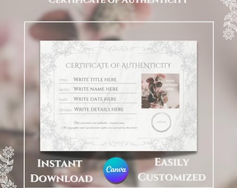 Plantilla de certificado de autenticidad imprimible, COA de artista personalizable (Canva)