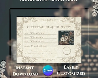Plantilla de certificado de autenticidad imprimible, COA de artista personalizable (Canva)