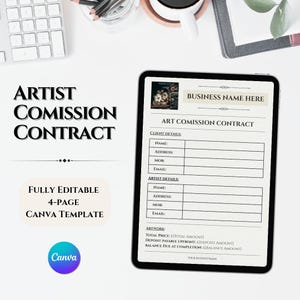 Puede incluir: Una tableta digital muestra una plantilla de "Contrato de comisión de arte". El contrato incluye campos para los detalles del cliente y del artista, y los precios de las obras de arte. El texto en la tableta dice "Nombre de la empresa aquí". La imagen también muestra el texto "Artist Commission Contract" y "Fully Editable 4-Page Canva Template".