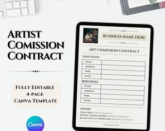 Contrato de comisión de artista en formato PDF, contrato de obra de arte personalizable en Canva, acuerdo de arte personalizado para creativos.