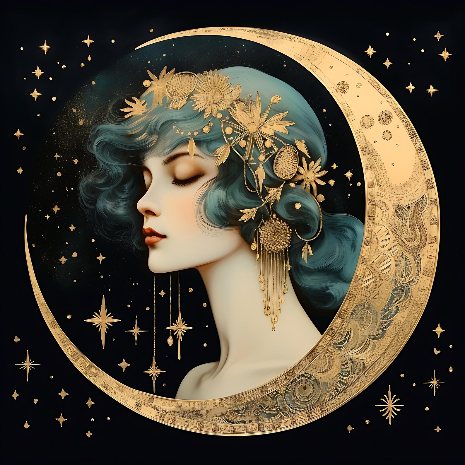 Vintage Art Deco Wall Art Woman and Moon Vintage Art Print Etsy UK