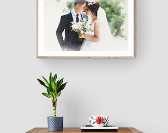 Retrato de boda personalizado estilo acuarela, arte mural de boda a medida, regalo único con lámina artística, obra de arte personalizada a partir de una fotografía.