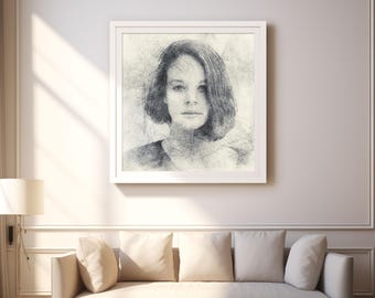 Retrato personalizado estilo boceto a lápiz, arte de pared personalizado, regalo de impresión artística única, obra de arte digital a medida a partir de una foto.