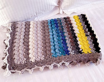 Handmade Crochet Throw Blanket |  Blue, grey, brown, yellow | Handcrafted | Bed + Couch | Housewarming gift | Christmas present | bedding