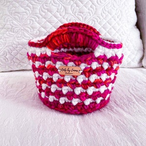 Small handcrafted crochet basket | Pink, Red and White | Handmade | Home Decor + Storage