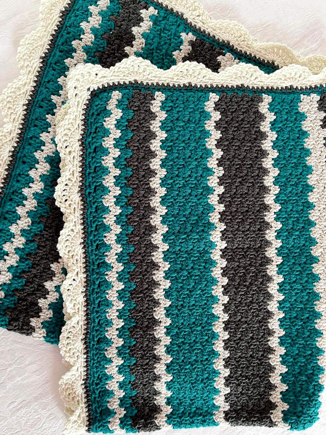 Handmade Crochet Throw Blanket Teal Beige and Dark Grey Etsy