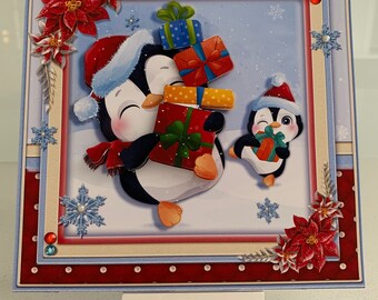 Handmade Christmas card 3D decoupage “Christmas penguin” - Matching insert sheet and envelope