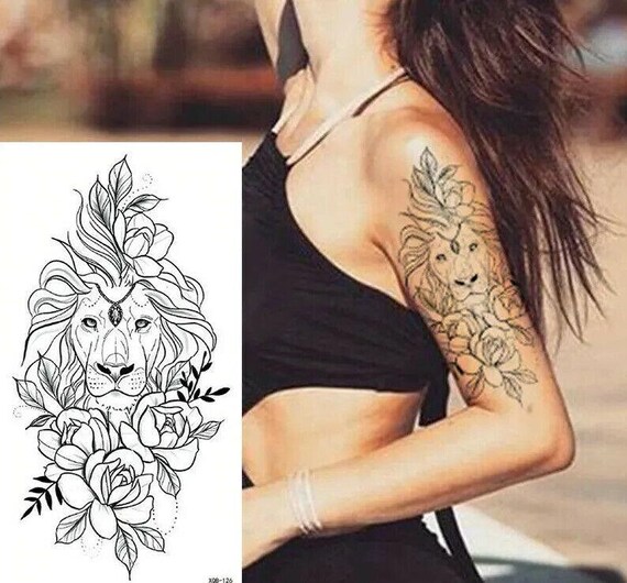 Lion Jewel And Flowers Roses Tattoo Fake Press Sticker Women Etsy Lion Jewel And Flowers Roses Tattoo Fake Press Sticker Women Etsy