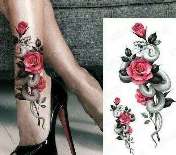 Snake and Red Roses Temporary Tattoo Fake Sticker Womens Mens