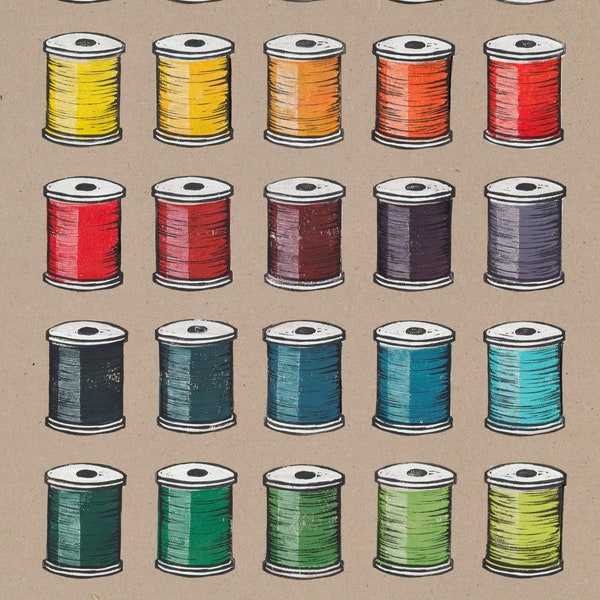 Spools of Coloured Thread Wall Art Print. Giclee Digital reproduction of Lino Print. Unframed.