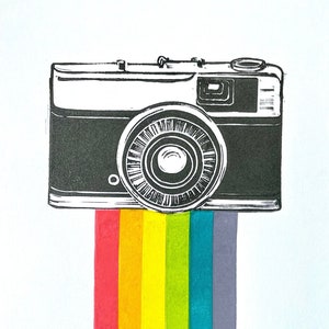 Classic Camera Original A5 Lino Print. Unframed. Colourful Rainbow Linocut image 1