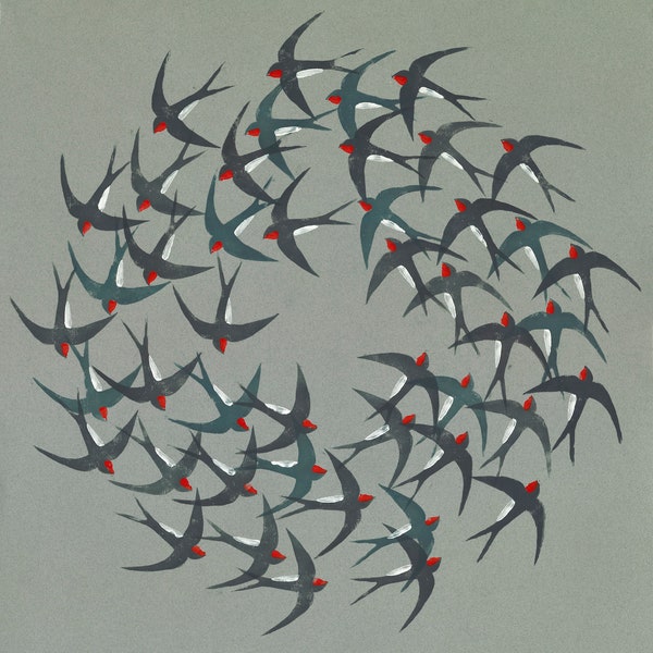 Circling Swallows Wall Art Print. Giclee Reproduction of Lino Print. Contemporary Art. Unframed.
