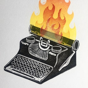 A5 Flaming Typewriter Original Lino Print. Lino Cut Relief Print. Unframed.