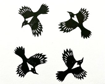 Four For A Boy. Original Magpie Lino Print with collaged title. A5 Unframed. Limited edition
