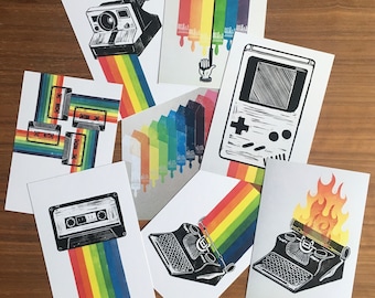 1980's Rainbow Postcard Pack. Set of 8 Assorted Retro 80's Rainbow Postcards
