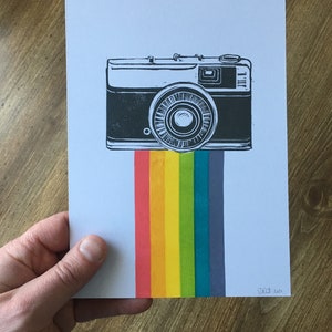Classic Camera Original A5 Lino Print. Unframed. Colourful Rainbow Linocut image 5