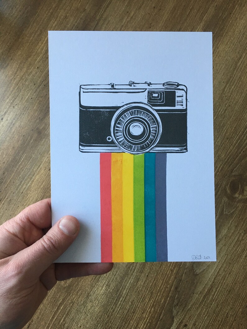 Classic Camera Original A5 Lino Print. Unframed. Colourful Rainbow Linocut image 5