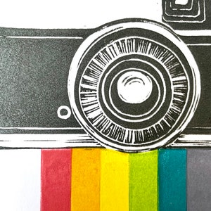 Classic Camera Original A5 Lino Print. Unframed. Colourful Rainbow Linocut image 2
