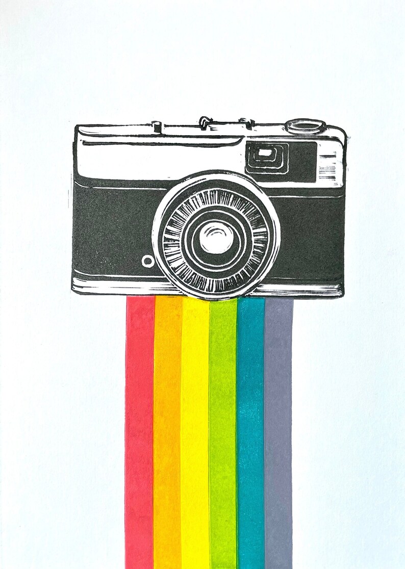 Classic Camera Original A5 Lino Print. Unframed. Colourful Rainbow Linocut image 1