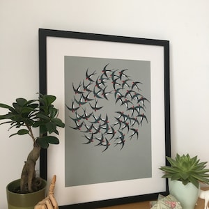 Circling Swallows Wall Art Print. Giclee Reproduction of Lino Print. Contemporary Art. Unframed. image 3