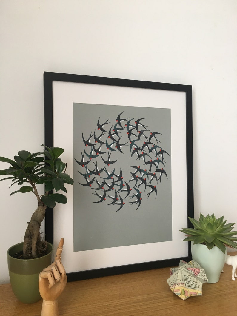 Circling Swallows Wall Art Print. Giclee Reproduction of Lino Print. Contemporary Art. Unframed. image 3