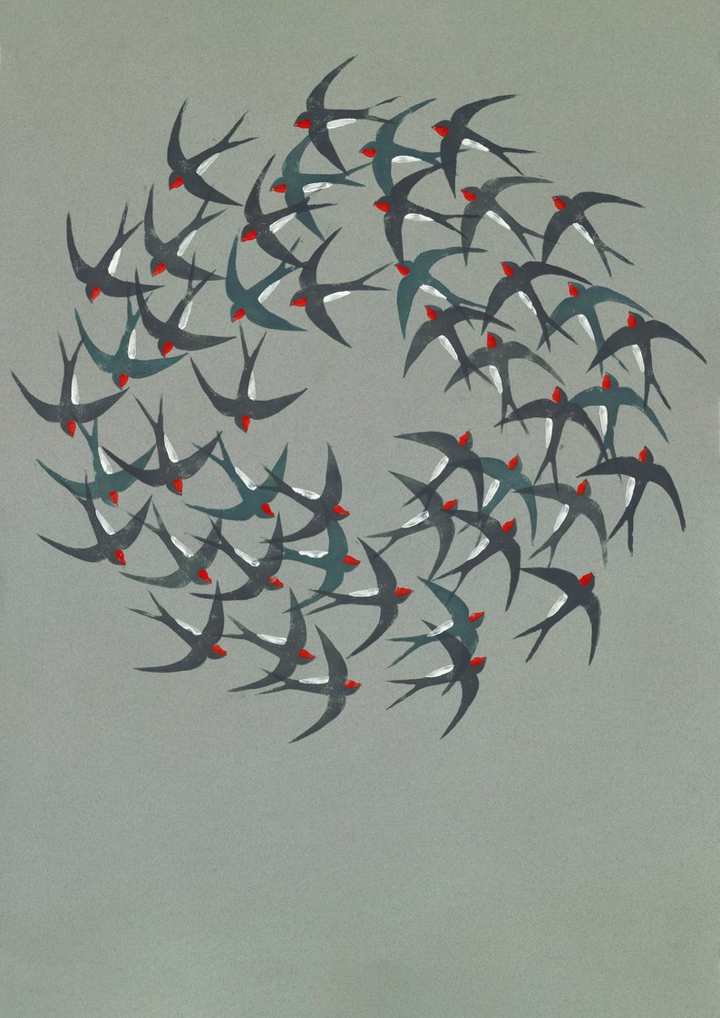 Circling Swallows Wall Art Print. Giclee Reproduction of Lino Print. Contemporary Art. Unframed. image 1