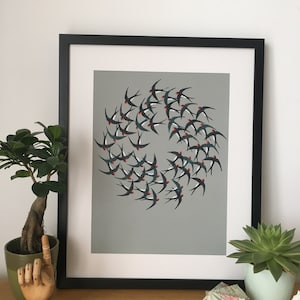 Circling Swallows Wall Art Print. Giclee Reproduction of Lino Print. Contemporary Art. Unframed. image 2