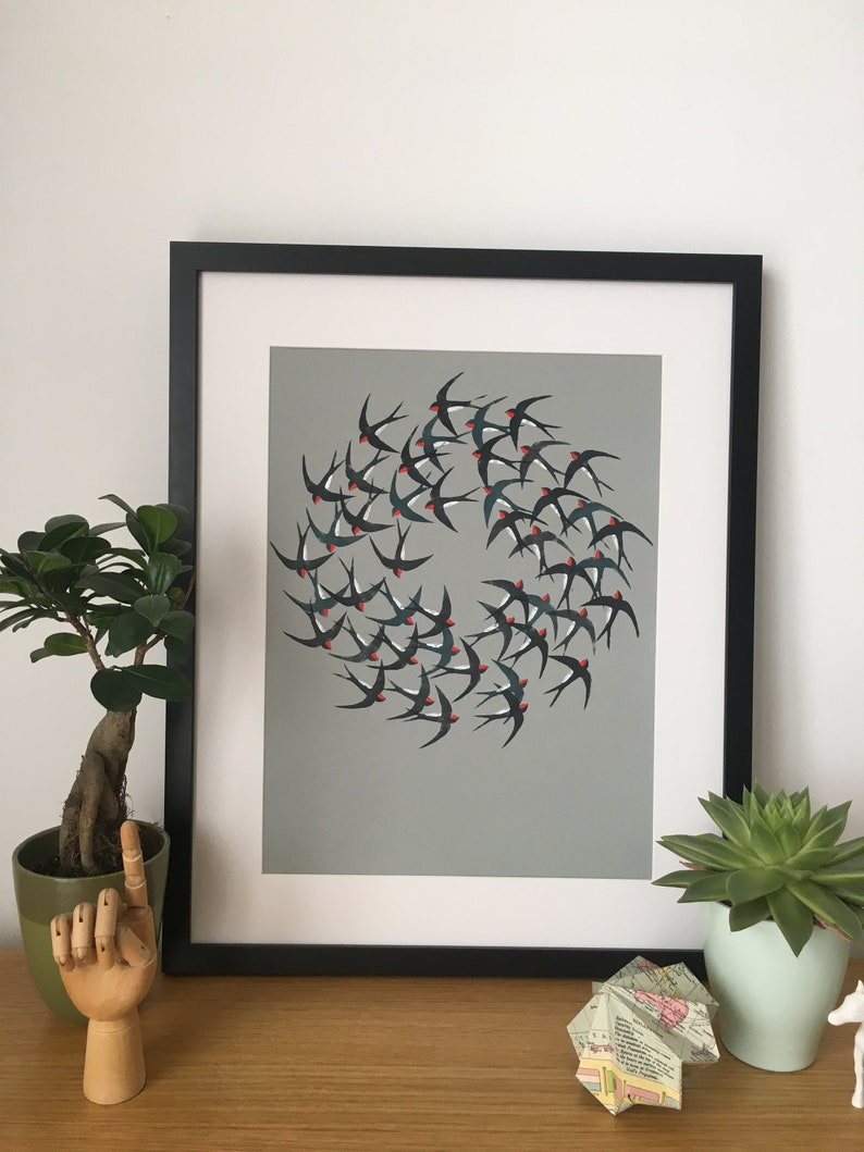 Circling Swallows Wall Art Print. Giclee Reproduction of Lino Print. Contemporary Art. Unframed. image 2