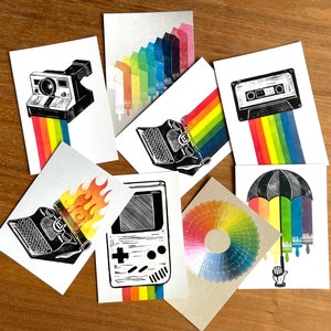 Retro Rainbows Postcard Pack. Set of 8 Assorted Rainbow Design Postcards.