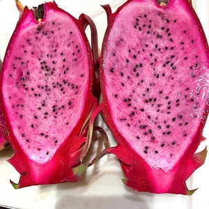 Puede incluir: Dos mitades de fruta de drag&oacute;n rosa con semillas negras. La fruta est&aacute; cortada por la mitad y la pulpa es visible.