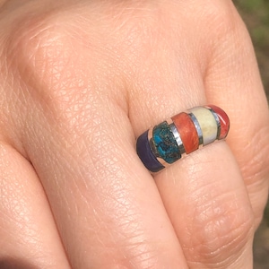 Handmade silver ring with 5 colorful precious stones -rainbow style ring Peruvian artisan