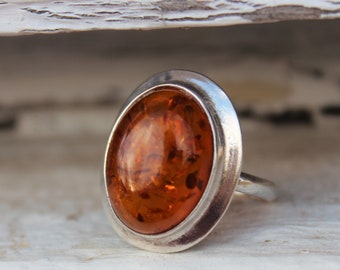 Amber Silver Ring 925, Size 5 1/2, Cocktail Amber Ring, Statement Ring, Oval Amber ring bezel set