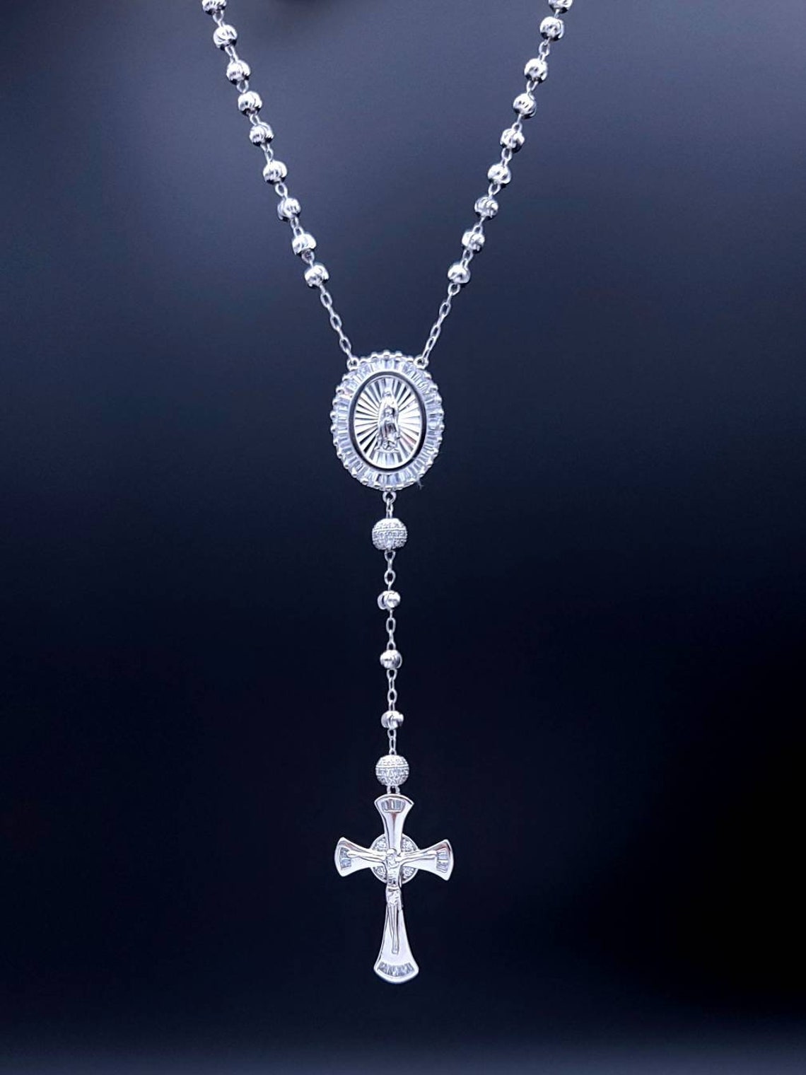Sterling Silver Beaded Rosary Necklace with Diamond CZ/ made Etsy