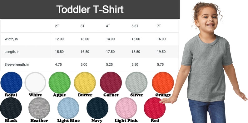 Op de afbeelding: Maattabel voor peuter T-shirts met afmetingen in inches voor breedte, lengte en mouwlengte. De tabel toont maten 2T, 3T, 4T, 5-6T en 7T. De tabel wordt weergegeven naast een foto van een kind dat een grijs T-shirt draagt.