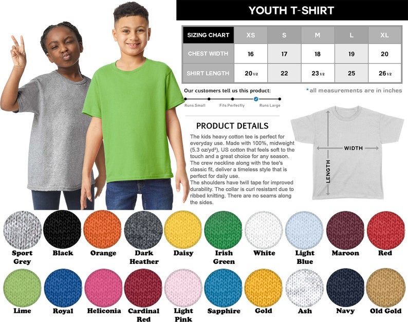 K&ouml;nnte beinhalten: Eine Tabelle mit den Gr&ouml;&szlig;en von T-Shirts f&uuml;r Jugendliche in Zoll f&uuml;r Brustweite und Shirtl&auml;nge. Die Tabelle umfasst die Gr&ouml;&szlig;en XS, S, M, L und XL. Die Tabelle enth&auml;lt auch eine Beschreibung des Produkts, bei dem es sich um ein schweres Baumwoll-T-Shirt handelt, das sich perfekt f&uuml;r den t&auml;glichen Gebrauch eignet. Das T-Shirt besteht aus 100 % mittelschwerem US-Baumwolle, die sich weich anf&uuml;hlt. Das T-Shirt hat einen Rundhalsausschnitt und eine klassische Passform. Die Schultern sind mit K&ouml;perband verst&auml;rkt, um die Strapazierf&auml;higkeit zu verbessern. Der Kragen ist knitterarm durch geripptes Stricken. Es gibt keine N&auml;hte an den Seiten. Die Tabelle enth&auml;lt auch eine Farbkarte mit 18 verschiedenen Farben des T-Shirts.