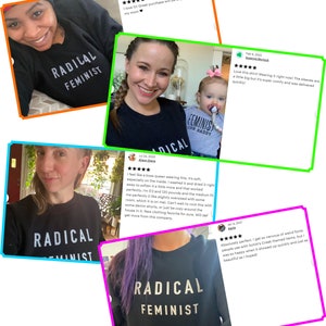 K&ouml;nnte beinhalten: Schwarzer Pullover mit dem Schriftzug "RADICAL FEMINIST" in wei&szlig;en Buchstaben. Der Pullover wird von mehreren Personen in verschiedenen Posen getragen. Das Bild enth&auml;lt Kundenbewertungen mit f&uuml;nf Sternen.
