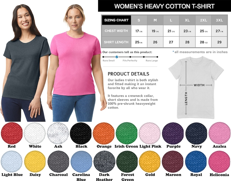 K&ouml;nnte beinhalten: Eine Gr&ouml;&szlig;entabelle f&uuml;r ein Damen-T-Shirt aus schwerem Baumwollstoff in verschiedenen Farben. Die Tabelle zeigt die Brustweite und die Shirtl&auml;nge in Zoll f&uuml;r die Gr&ouml;&szlig;en S, M, L, XL, 2XL und 3XL. Die Produktdetails beschreiben das T-Shirt als stylisch und figurbetont, mit einem Rundhalsausschnitt und kurzen &Auml;rmeln. Es ist aus 100% vorgewaschenem, schwerem Baumwollstoff gefertigt.