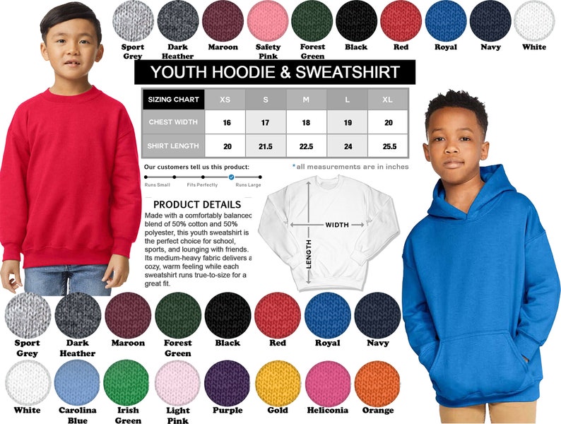 K&ouml;nnte beinhalten: Gr&ouml;&szlig;entabelle f&uuml;r Jugend-Hoodies und -Sweatshirts mit Farbmustern. Die Tabelle zeigt die Brustweite und die Shirtl&auml;nge in Zoll f&uuml;r die Gr&ouml;&szlig;en XS, S, M, L und XL. Die Farbmuster umfassen Sportgrau, Dunkelgrau, Rotbraun, Sicherheitsrosa, Waldgr&uuml;n, Schwarz, Rot, Royalblau, Marineblau, Wei&szlig;, Carolina Blau, Irischgr&uuml;n, Hellrosa, Lila, Gold, Heliconia und Orange.