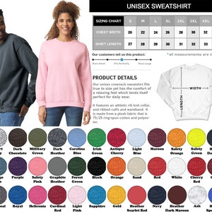 K&ouml;nnte beinhalten: Unisex-Sweatshirt Gr&ouml;&szlig;entabelle mit Brust- und L&auml;ngenma&szlig;en in Zoll. Die Tabelle zeigt Gr&ouml;&szlig;en von S bis 5XL. Ein wei&szlig;es Sweatshirt mit den Worten "WIDTH" und "LENGTH" darauf. Eine Farbkarte mit 36 verschiedenen Farboptionen f&uuml;r das Sweatshirt.