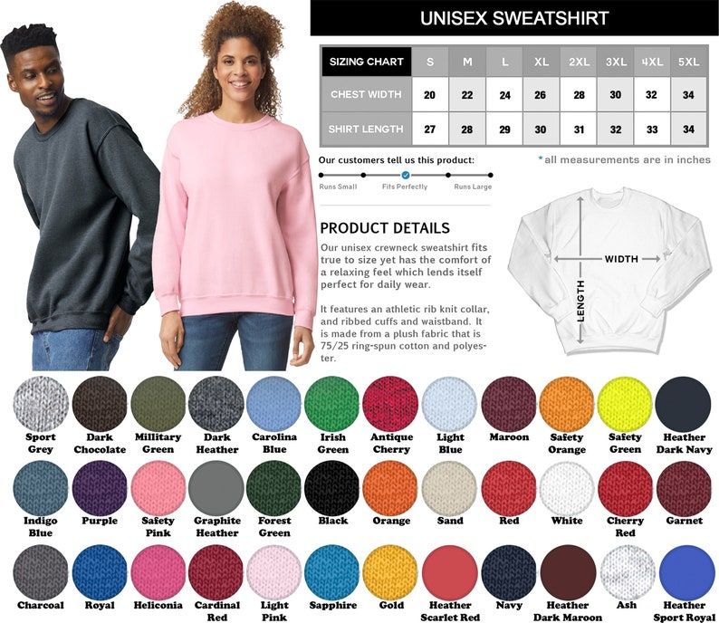 K&ouml;nnte beinhalten: Unisex-Sweatshirt Gr&ouml;&szlig;entabelle mit Brust- und L&auml;ngenma&szlig;en in Zoll. Die Tabelle zeigt Gr&ouml;&szlig;en von S bis 5XL. Ein wei&szlig;es Sweatshirt mit den Worten "WIDTH" und "LENGTH" darauf. Eine Farbkarte mit 36 verschiedenen Farboptionen f&uuml;r das Sweatshirt.
