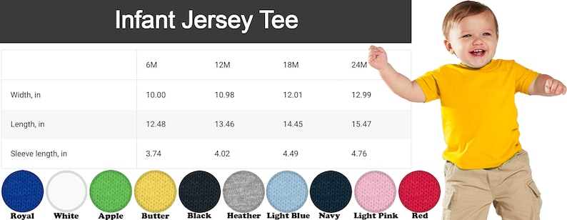 Op de afbeelding: Maattabel voor een baby-jersey-shirt in inches. De maten omvatten 6M, 12M, 18M en 24M. De metingen omvatten breedte, lengte en mouwlengte. De kleurstalen omvatten Royal, Wit, Appel, Boter, Zwart, Heather, Lichtblauw, Marine, Lichtroze en Rood.