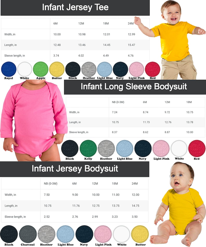 K&ouml;nnte beinhalten: Gr&ouml;&szlig;entabelle f&uuml;r Baby-Jersey-Shirts und Lang- und Kurzarm-Bodys. Die Tabelle zeigt die Ma&szlig;e in Zoll f&uuml;r Breite, L&auml;nge und &Auml;rmell&auml;nge. Die Tabelle umfasst die Gr&ouml;&szlig;en von Neugeborenen bis 24 Monate. Die Tabelle zeigt auch die verschiedenen Farben, die f&uuml;r jeden Stil verf&uuml;gbar sind.