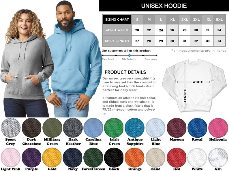 Op de afbeelding: Maattabel voor unisex hoodie sweatshirt met metingen in inches voor borstbreedte en shirtlengte. De tabel toont maten van S tot 5XL. De hoodie is verkrijgbaar in verschillende kleuren, waaronder sportgrijs, donker chocolade, militaire groen, donker grijs, carolina blauw, irisch groen, antiek saffier, lichtblauw, donkerrood, koninklijk blauw, heliconia, lichtroze, paars, goud, marine, bosgroen, zwart, oranje, zand, rood, wit en as.