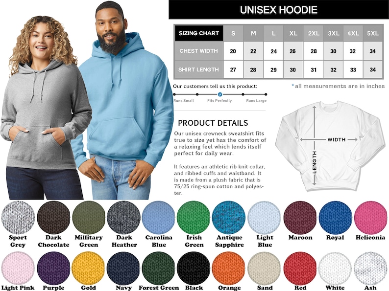 K&ouml;nnte beinhalten: Gr&ouml;&szlig;entabelle f&uuml;r einen Unisex-Hoodie mit Ma&szlig;en in Zoll f&uuml;r Brustweite und Shirtl&auml;nge. Die Tabelle zeigt Gr&ouml;&szlig;en von S bis 5XL. Der Hoodie ist in verschiedenen Farben erh&auml;ltlich, darunter Sportgrau, Dunkelbraun, Milit&auml;rgr&uuml;n, Dunkelgrau, Carolina-Blau, Irischgr&uuml;n, Antiksapphir, Hellblau, Rotbraun, Royal, Heliconia, Hellrosa, Lila, Gold, Marine, Waldgr&uuml;n, Schwarz, Orange, Sand, Rot, Wei&szlig; und Asche.