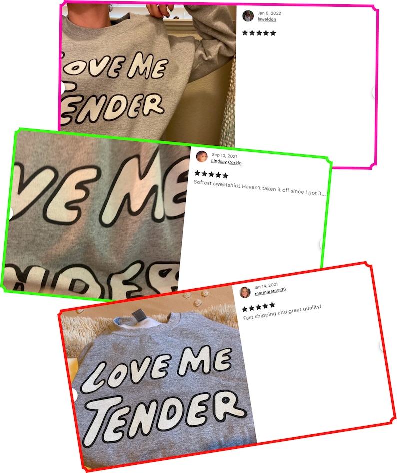 Op de afbeelding: Grijs sweatshirt met de tekst "Love Me Tender" in witte omrande letters. Het sweatshirt wordt getoond op drie verschillende foto's met klantbeoordelingen.