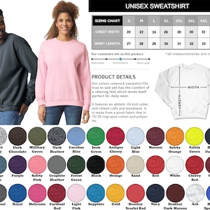 Op de afbeelding: Unisex sweatshirt maattabel met borst- en lengtemaat in inches. De tabel toont maten van S tot 5XL. Een wit sweatshirt met de woorden "WIDTH" en "LENGTH" erop. Een kleurenkaart met 36 verschillende kleuropties voor het sweatshirt.