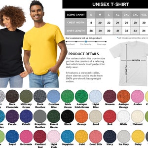 K&ouml;nnte beinhalten: Gr&ouml;&szlig;entabelle f&uuml;r Unisex-T-Shirts mit Brustweite und Shirtl&auml;nge in Zoll. Die Tabelle zeigt Gr&ouml;&szlig;en von S bis 5XL. Ein Abschnitt mit Produktdetails beschreibt das T-Shirt als aus 100 % vorgewaschenem, schwerem Baumwollstoff hergestellt. Eine Farbkarte zeigt 36 verschiedene Farboptionen f&uuml;r das T-Shirt.