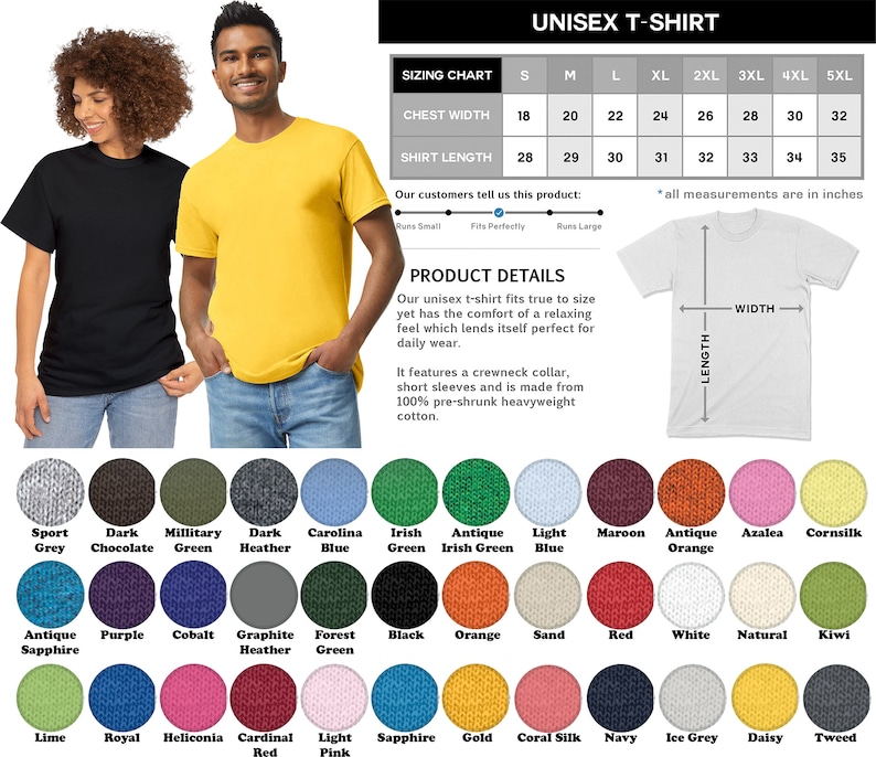K&ouml;nnte beinhalten: Gr&ouml;&szlig;entabelle f&uuml;r Unisex-T-Shirts mit Brustweite und Shirtl&auml;nge in Zoll. Die Tabelle zeigt Gr&ouml;&szlig;en von S bis 5XL. Ein Abschnitt mit Produktdetails beschreibt das T-Shirt als aus 100 % vorgewaschenem, schwerem Baumwollstoff hergestellt. Eine Farbkarte zeigt 36 verschiedene Farboptionen f&uuml;r das T-Shirt.